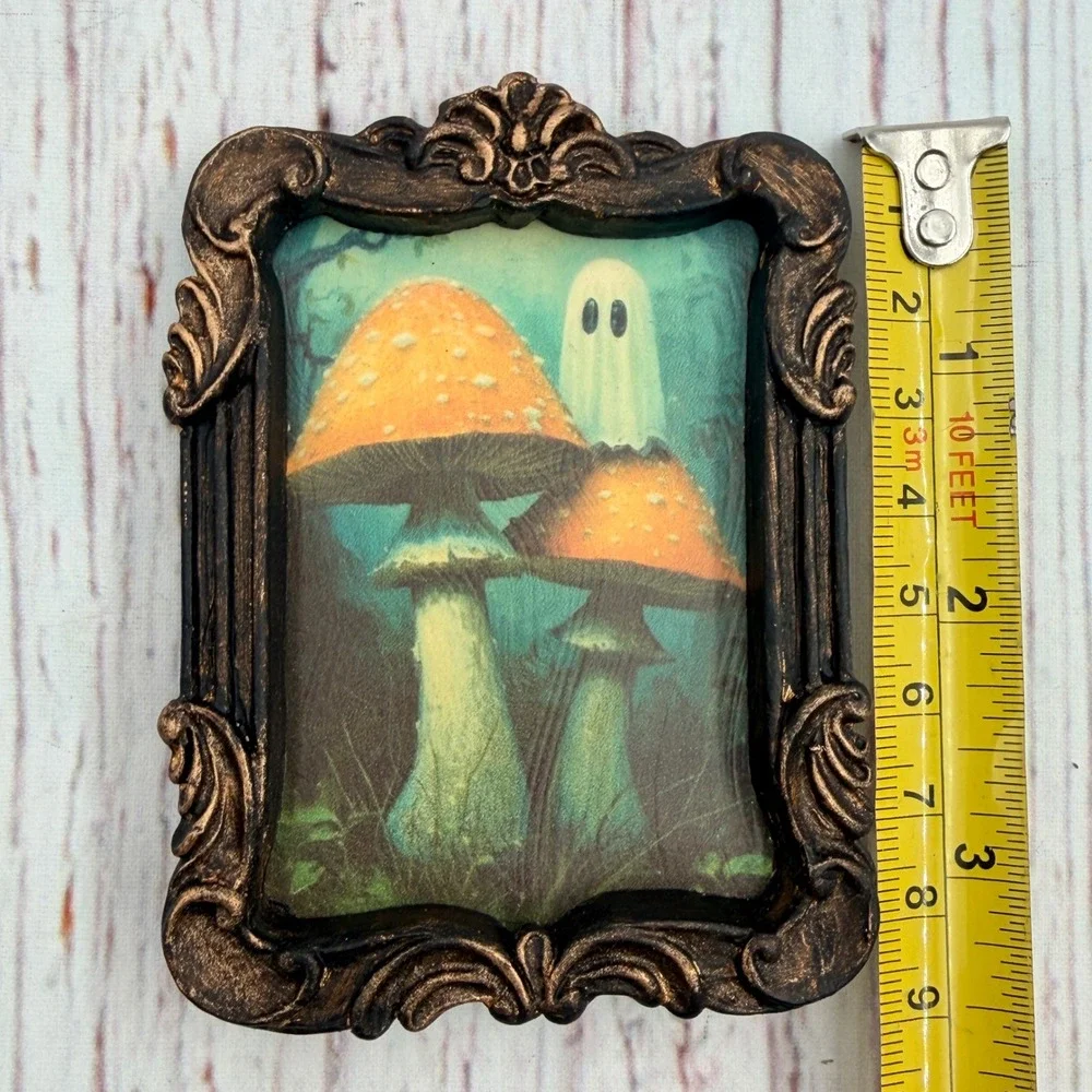 Ghost and Mushrooms Art Print in Ornate Bronze Resin Frame Miniature Decor